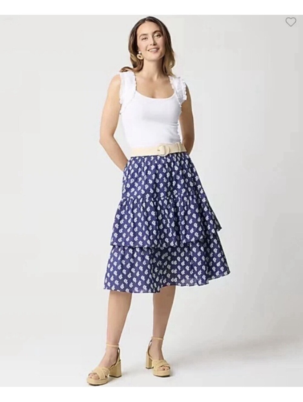 JCrew NWT Size S Floral Tiered Midi Skirt Riverbed Blue White Pull On Elastic